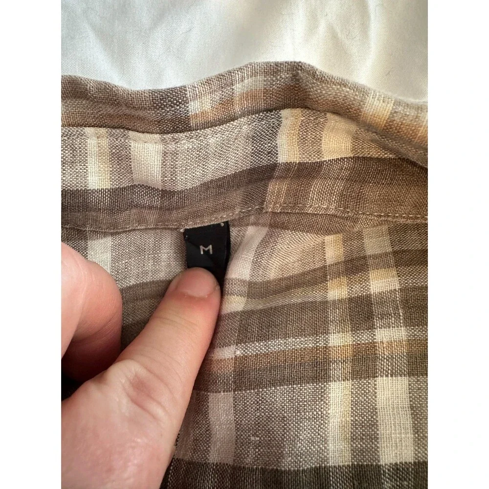 Men’s 100% Linen Shirt Plaid Brown Beige Button Up Casual Summer Lightweight M - Picture 5 of 8